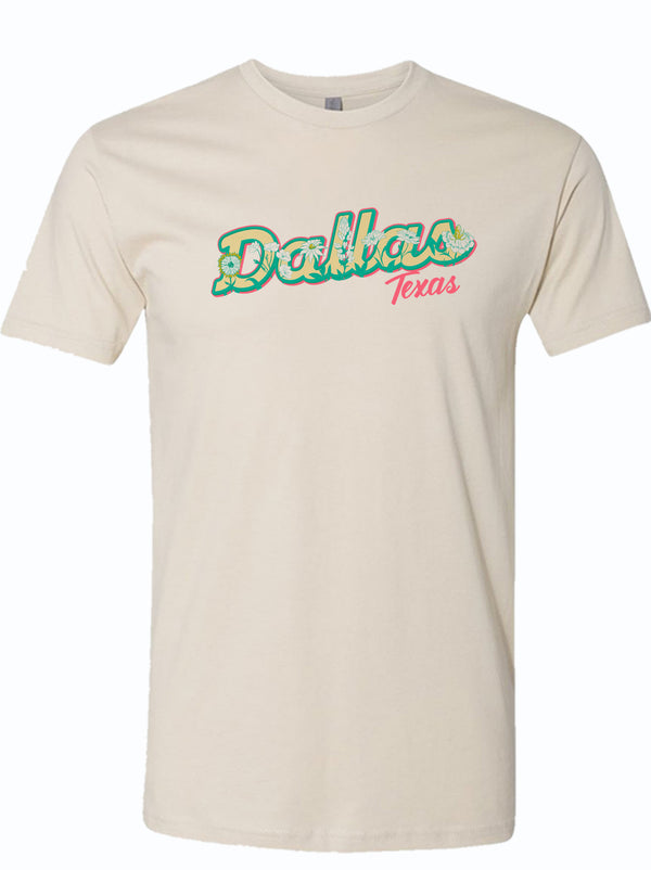 natural colored tshirt with hand-drawn design of the word Dallas covered in wildflowers