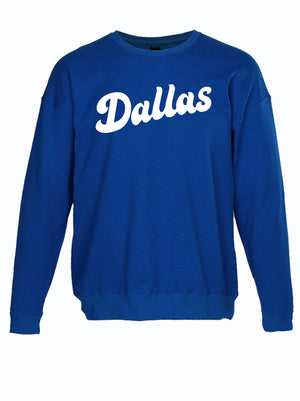 royal blue crewneck sweater with script text 